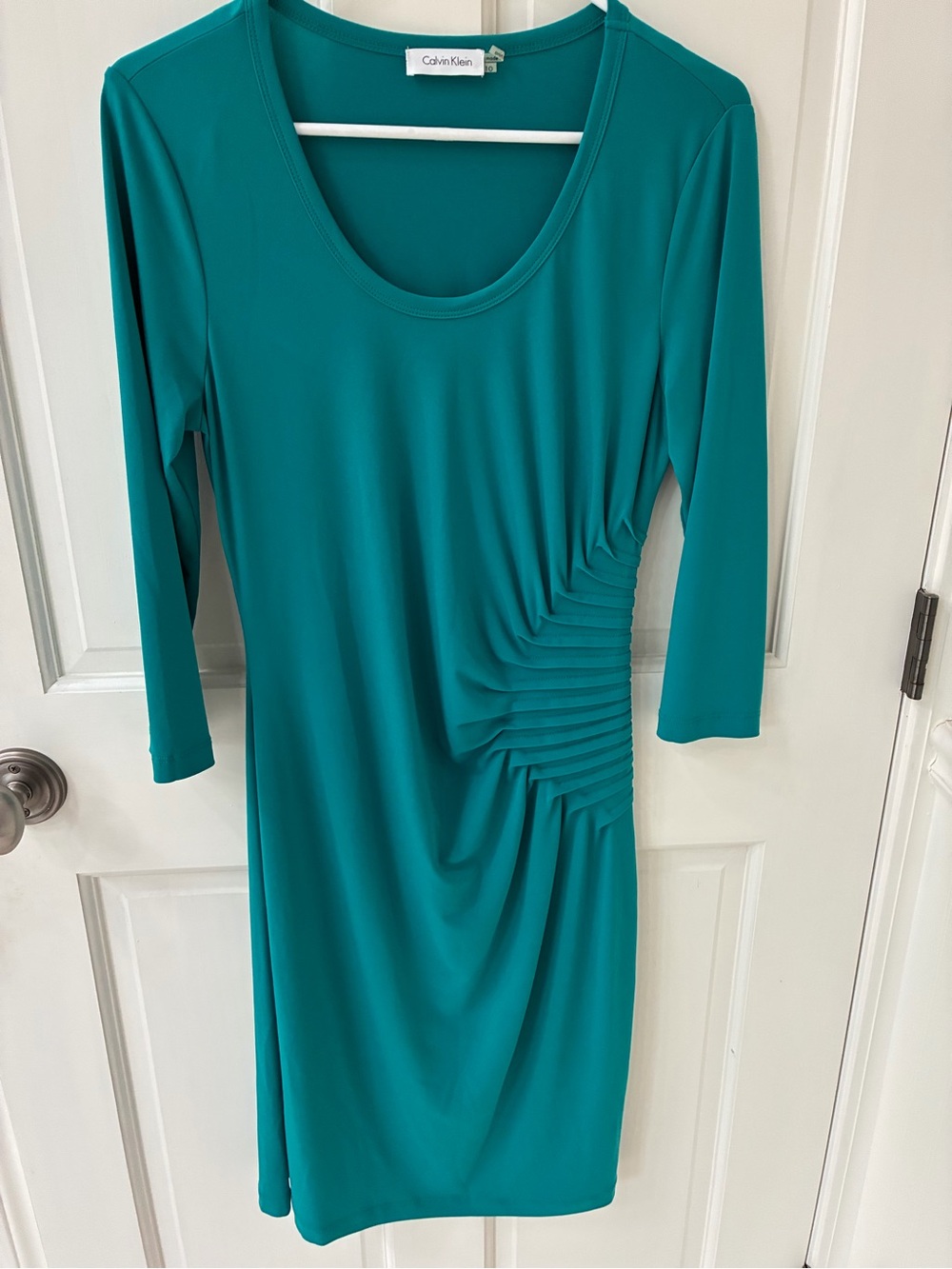 Calvin Klein Teal Side-Ruched Long Sleeve Sheath Dress
